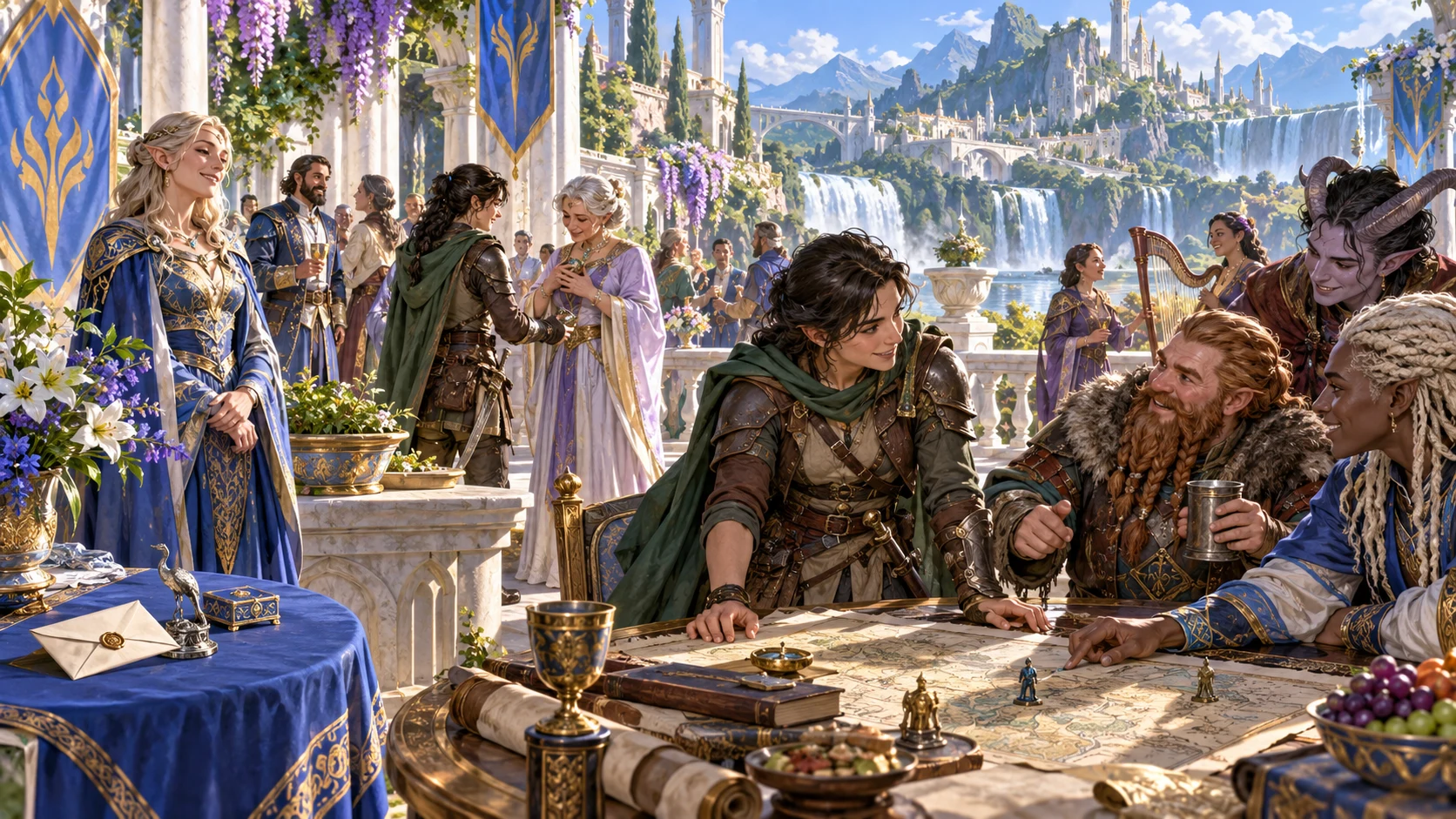 Companions gather around a terrace map while an observer stands nearby with a restrained expression.