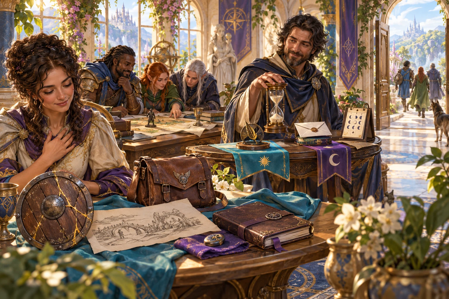Companions prepare around a gallery table with an hourglass, sealed letter and private notes.